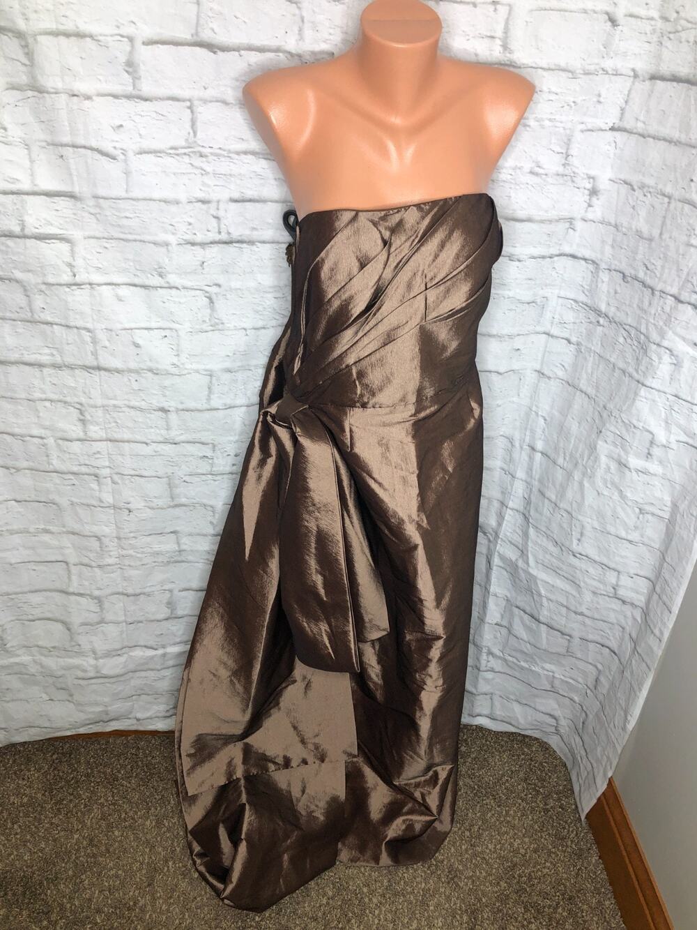 Rene Ruiz Strapless Brown Taffeta Gown with Large Bow - Size 16 NWT